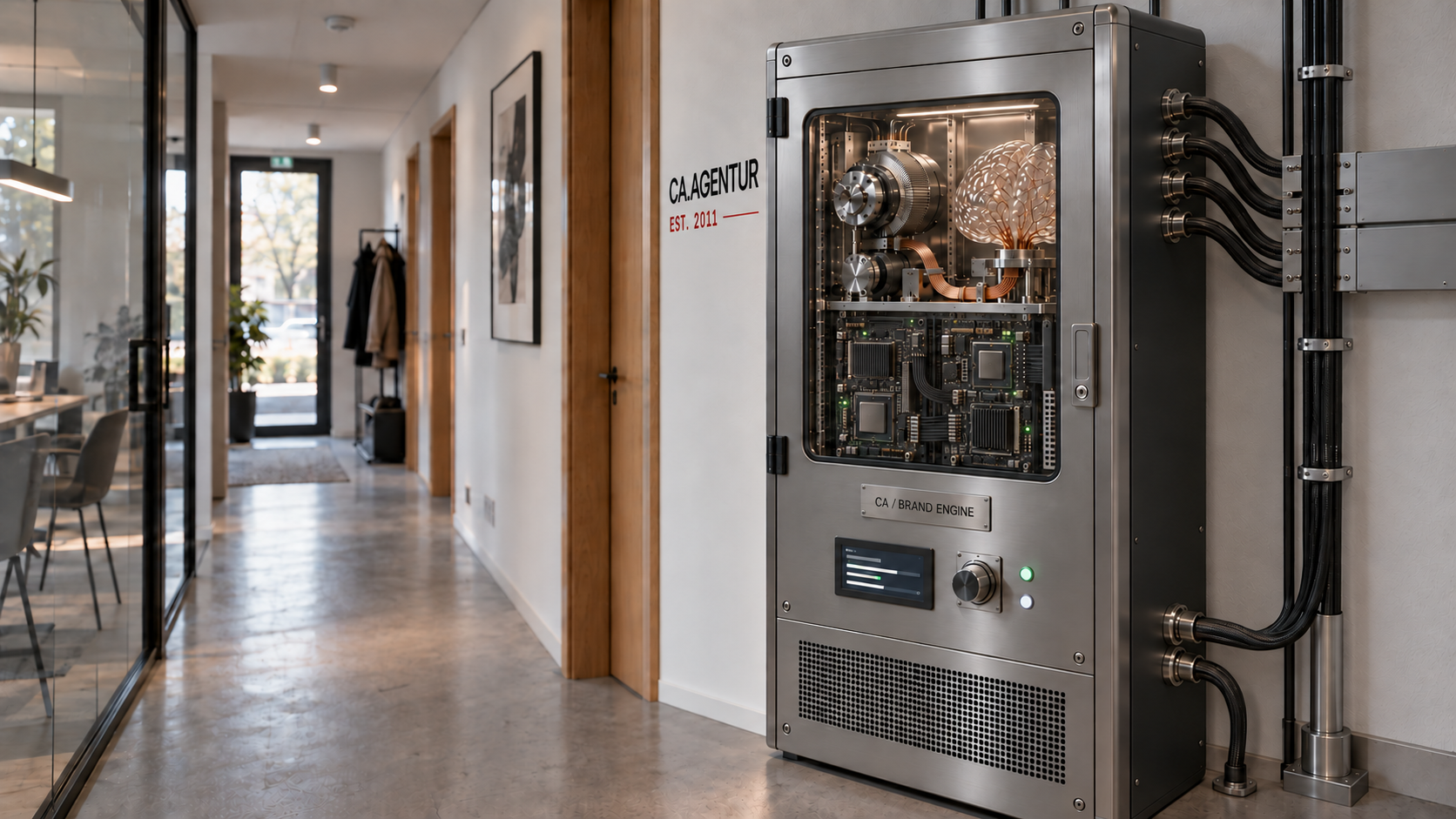 Brand Engine concept: a connected control cabinet with microchips and a glass brain in a CA office